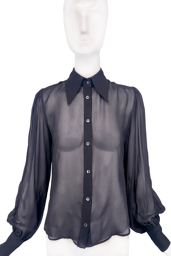 D&G by Dolce & Gabbana Black Sheer Chiffon Poet Sleeve Blouse with Exaggerated Collar
