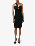 Preen Black Bodycon One Shoulder Stretch Dress with Silver Ring