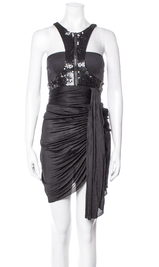 Paco Rabanne Black Sequin Neoprene Racer Tank Zipper Silk Jersey Drapped Dress