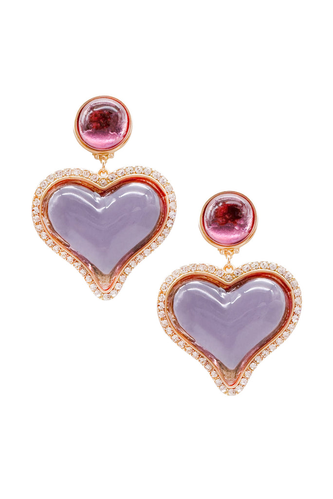 Vintage Purple Pink Lucite Transparent Crystal Framed Heart Shaped Earrings