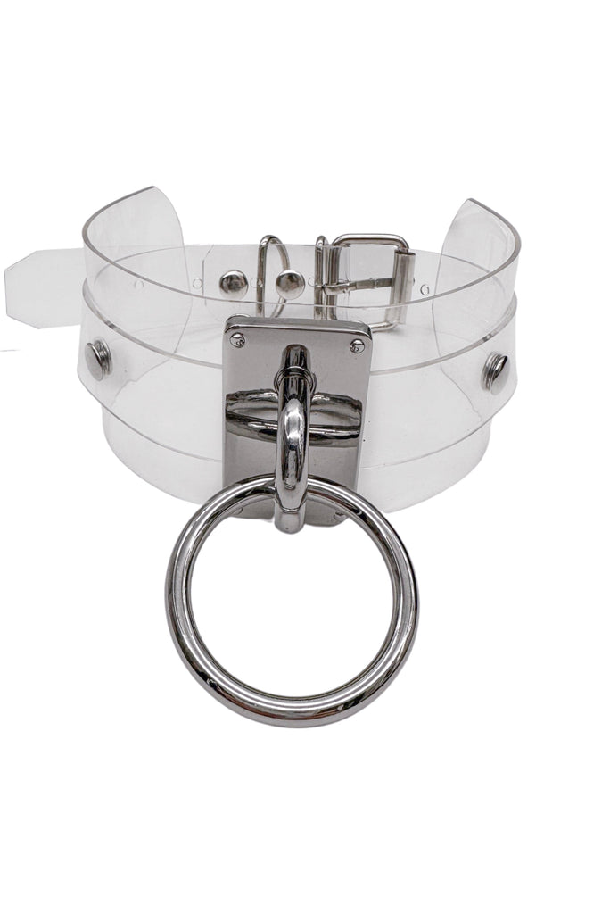 Vintage Clear PVC Vinyl Silver Chrome Hardware Ring Choker Necklace