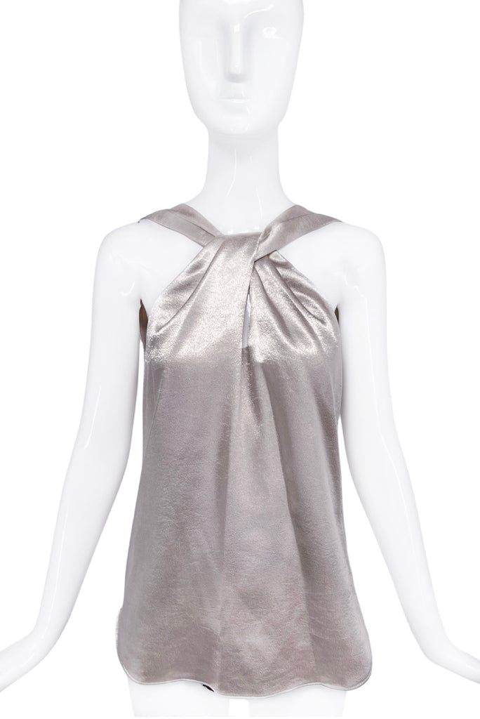 Ramy Brook Silver Metallic Gray Silk Satin Criss Cross Top