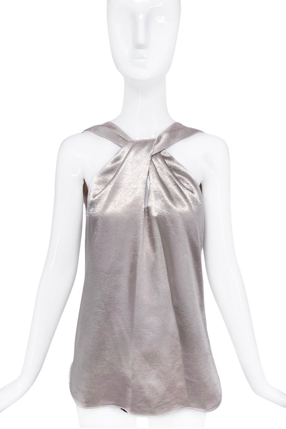 Ramy Brook Silver Metallic Gray Silk Satin Criss Cross Top