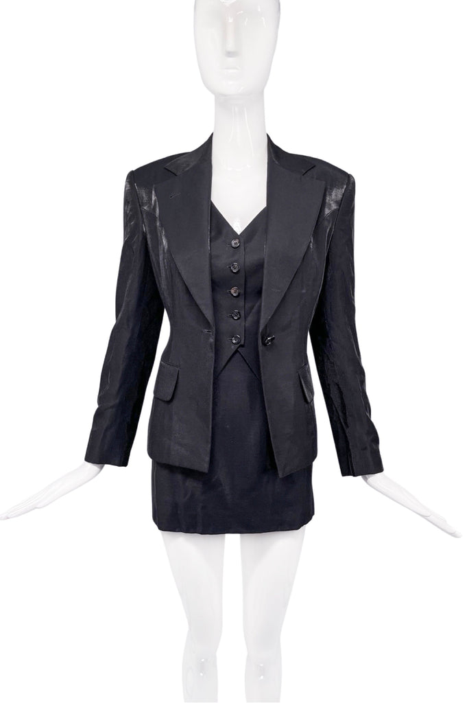 Richard Tyler Black Metallic Sparkle 90's Three Piece Suit - Mini Skirt & Fitted Vest & Blazer Suit Jacket
