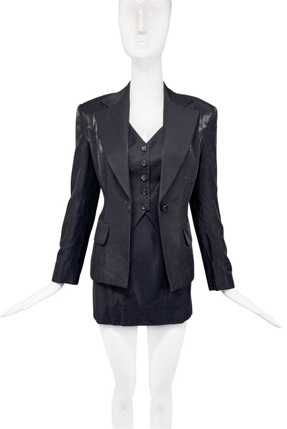 Richard Tyler Black Metallic Sparkle 90's Three Piece Suit - Mini Skirt & Fitted Vest & Blazer Suit Jacket