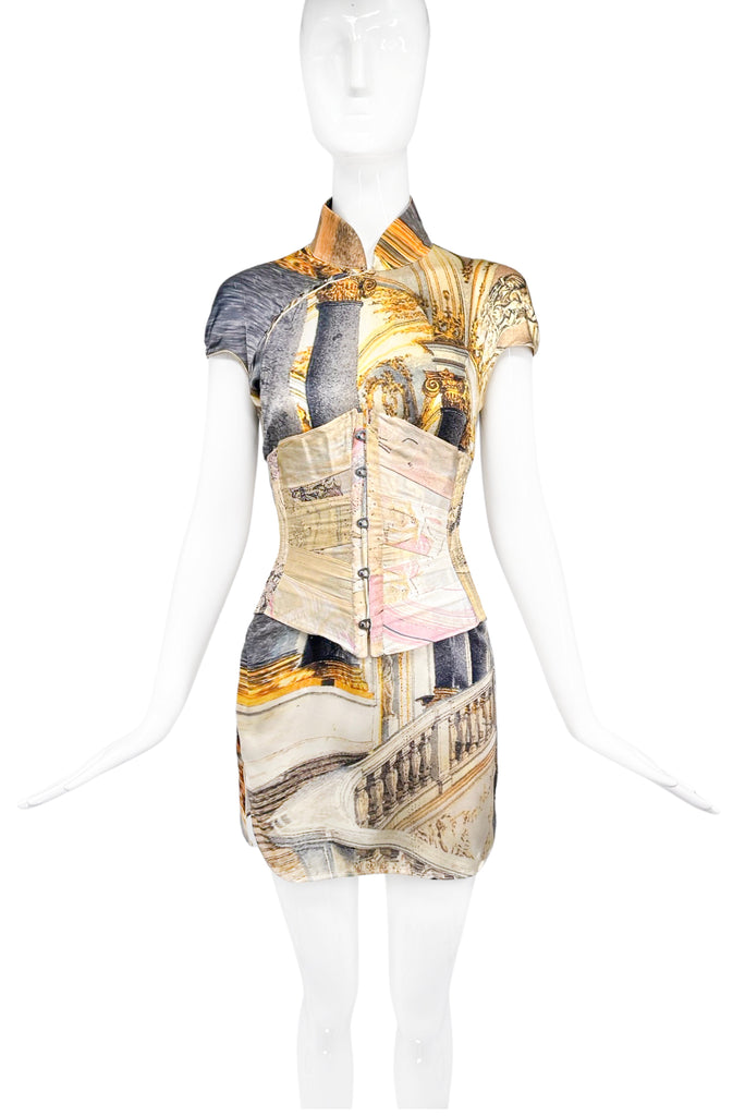 Roberto Cavalli Gold Pink Iconic Baroque Print Mini Dress with Corset Runway Spring 2003