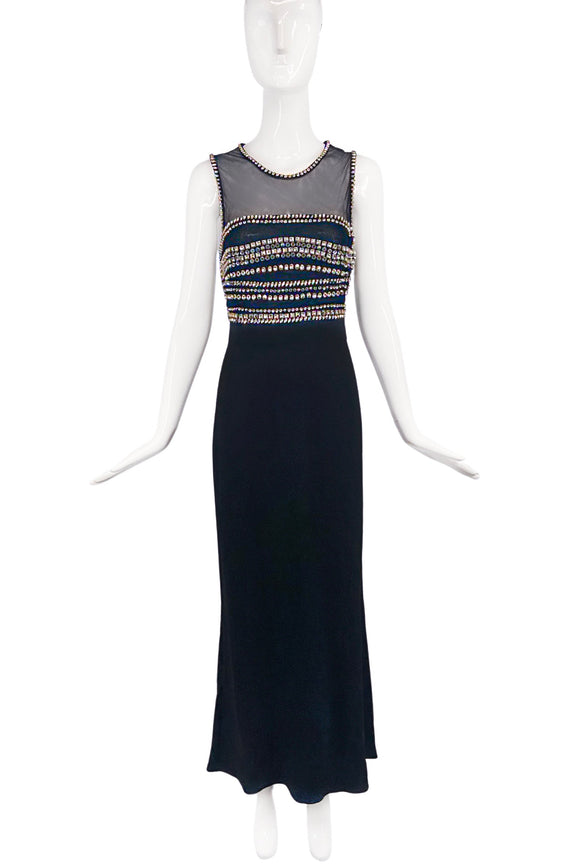 Roberto Cavalli Black Gown Dress with Sheer Insert and Crystal Embellished Bodice