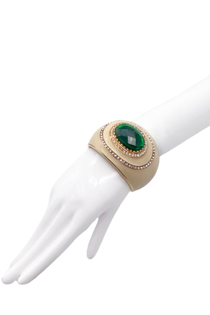 Roberto Cavalli Ivory Enamel with Emerald Crystal and Crystal Rhinestones Cuff Bracelet