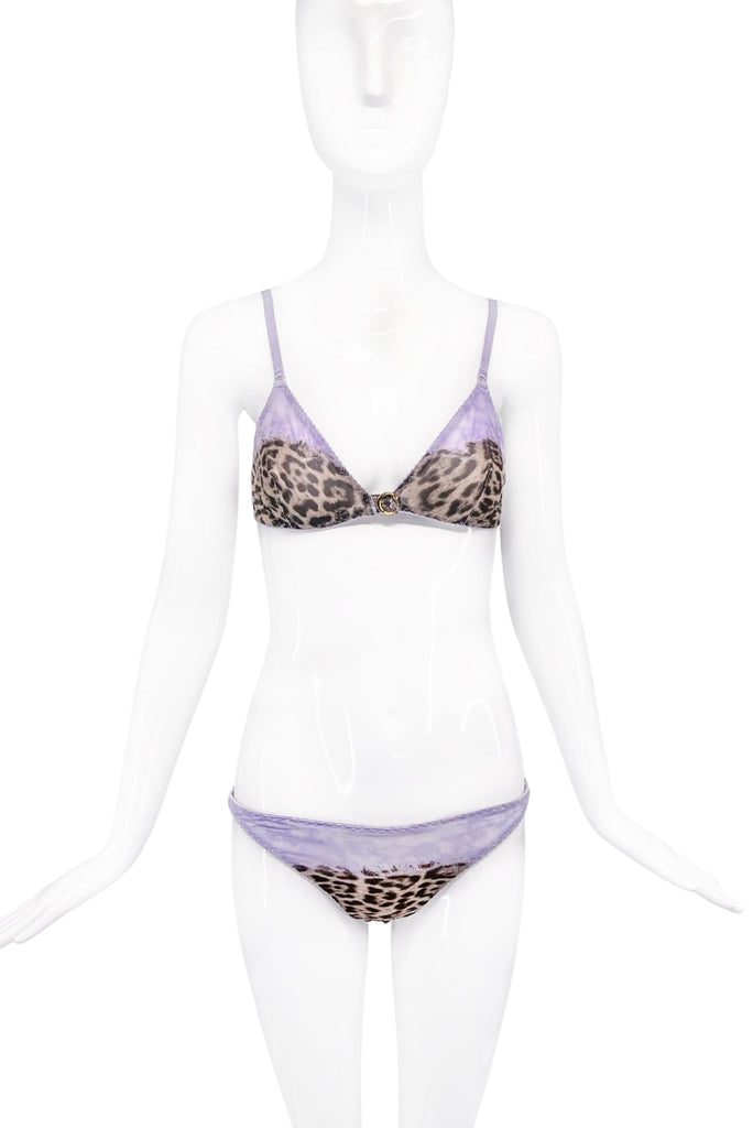 Roberto Cavalli Purple Lavender Leopard Silk Bra Panty Set