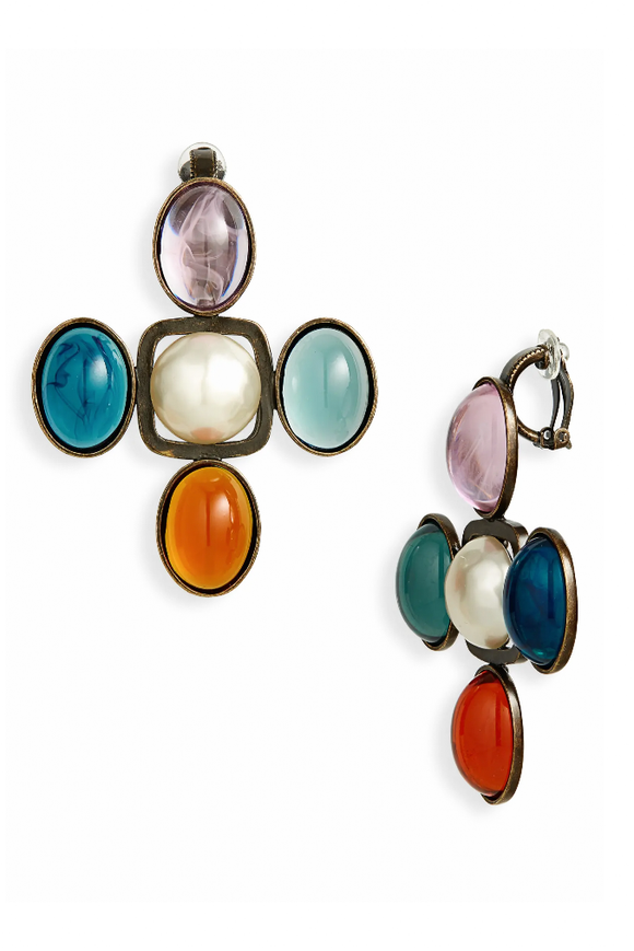 Saint Laurent Blue, Green, Orange, Purple and Pearl Gripoix Cross Earrings Fall 2021
