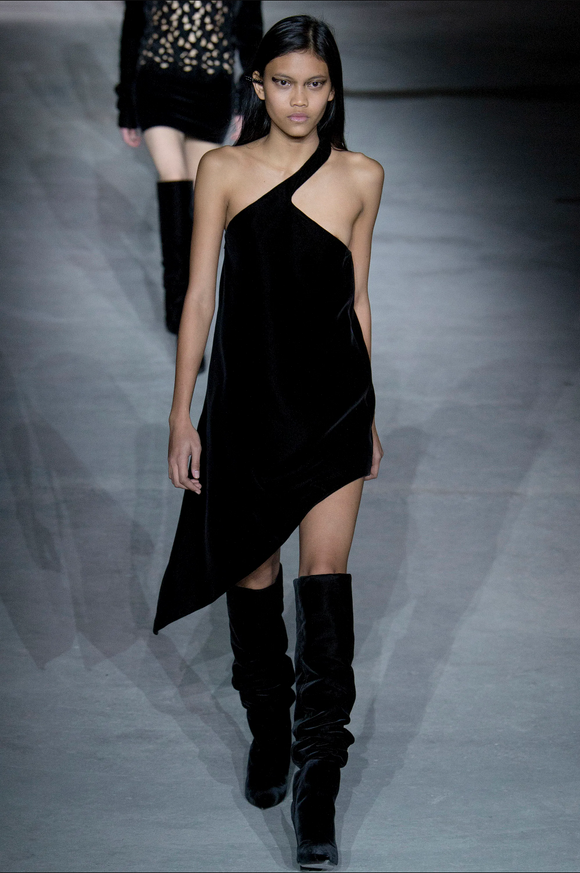 Saint Laurent Black Velvet Asymmetric Strap Mini Dress Fall 2017