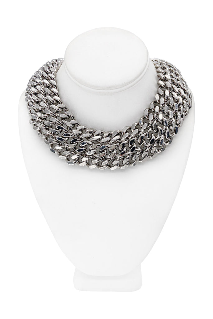Saint Laurent Silver Chrome Triple Chain Link Thick Collar Necklace