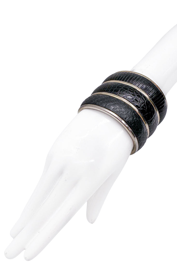 Saint Laurent YSL Black Triple Leather Lizard Snake Crocodile Wide Cuff Bracelet