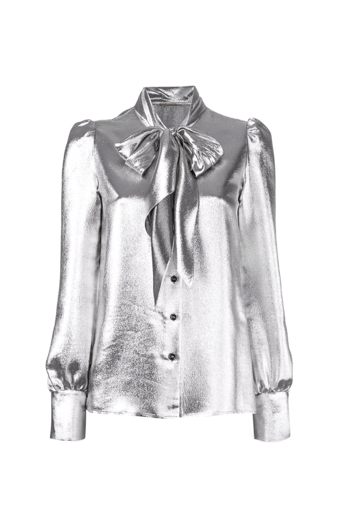 Saint Laurent Silver Metallic Lame Pussy Bow Blouse