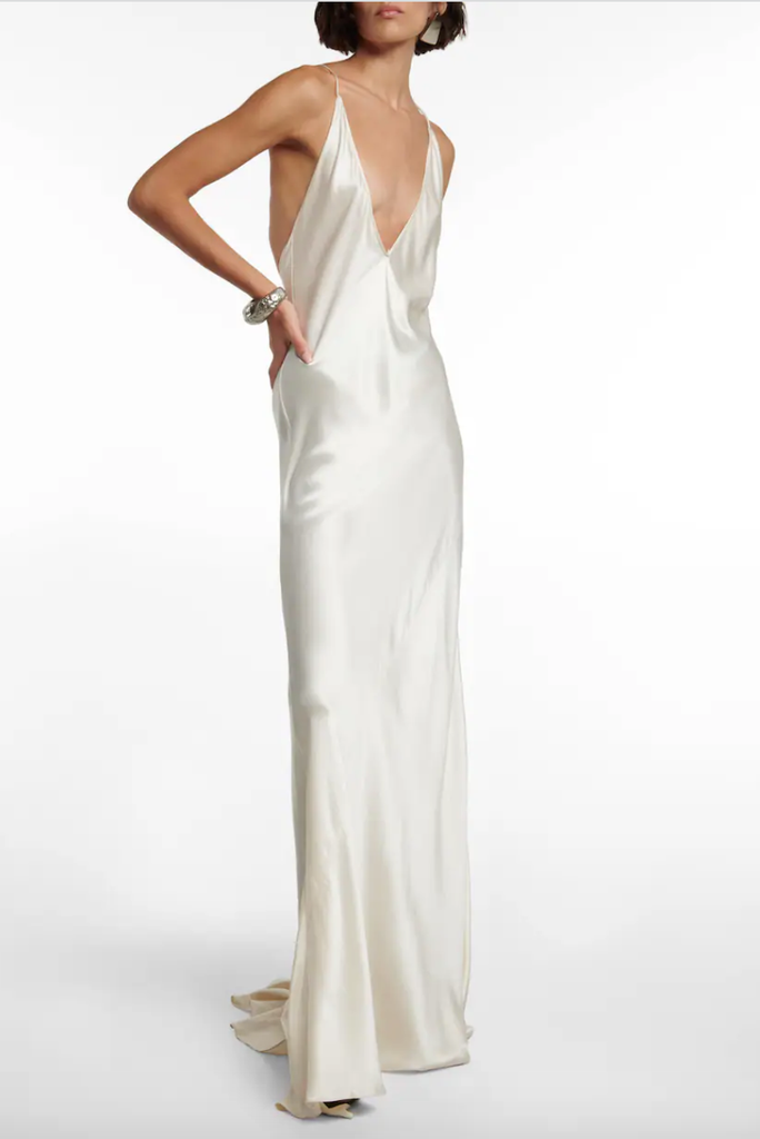Saint Laurent White Creme Beige Silk Slip Low Cut V-Neck Dress Gown