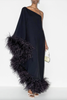 Taller Marmo Black One Shoulder Asymmetric Feather Trim Dress Gown