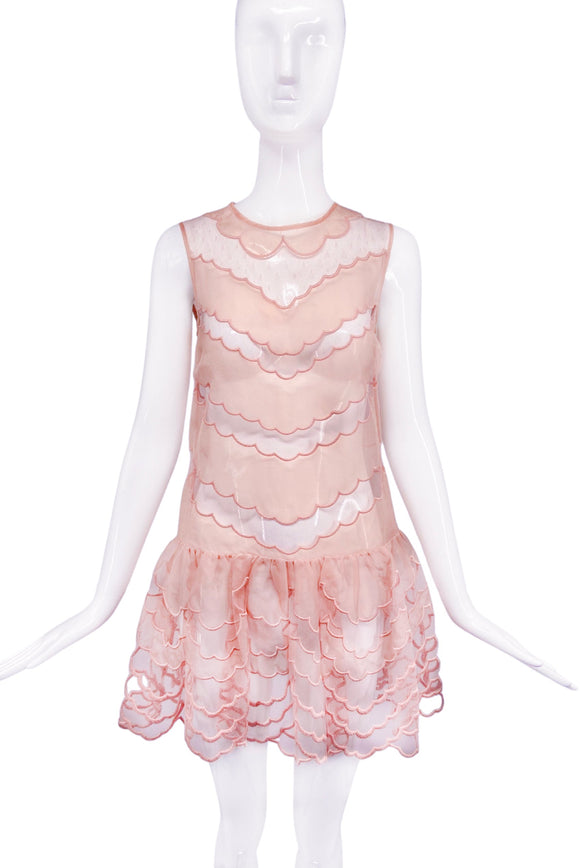Valentino Nude Pink Beige Sheer Mesh Net Lace Scallop Edge Mini Dress