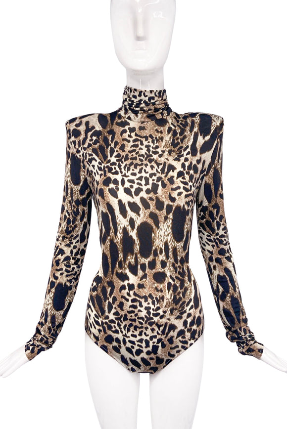 Alexandre Vauthier Leopard Brown Beige Power Shoulder Bodysuit Fall 2019