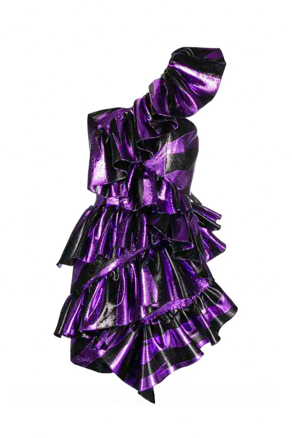 Alexander Vauthier Purple Black Stripes Lurex Metallic Ruffle Dress