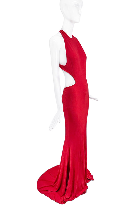 Alexandre Vauthier Red Cut Out Halterneck Racer Back Dress Gown