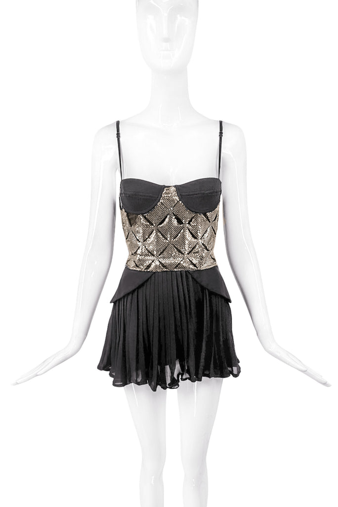 Versace Black With Copper Chainmail Pleated Mini Dress