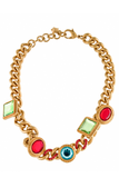 Versace Gold Chain Pave Ruby Red Peridot Green Turquoise Blue Gem Stone Necklace