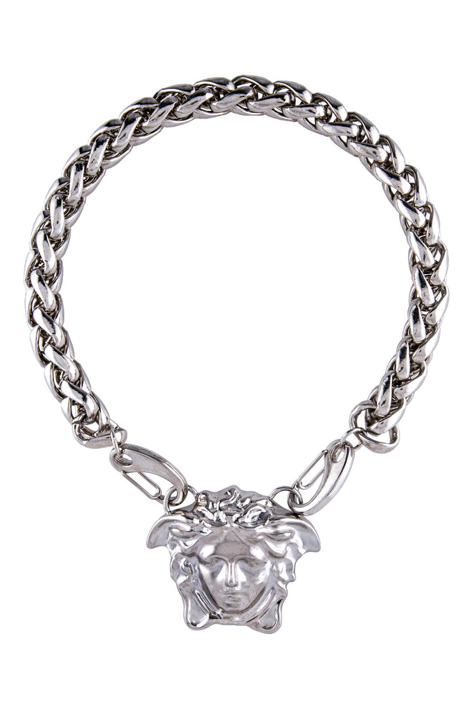 Versace Silver Metallic Palazzo Medusa Thick Rope Chain Necklace Choker Fall 2014 Campaign