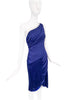 Versace Navy Midnight Blue Silk Jersey One Shoulder Asymmetric Cummerbund Waist Corset detail High Slit Dress