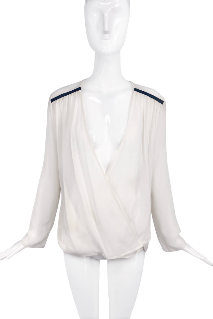 Versace White Ivory Silk Black Leather Inlay V-Neck Blouse