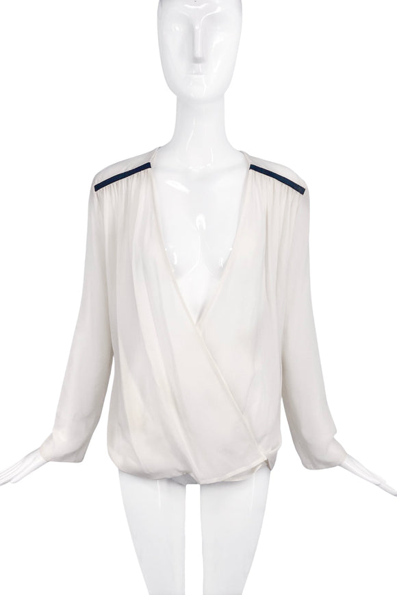 Versace White Ivory Silk Black Leather Inlay V-Neck Blouse