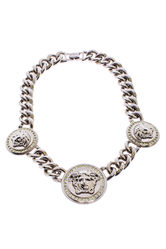 Versace Silver Triple Medusa Coin Chain Peridot Crystal Necklace Fall 2104 Campaign