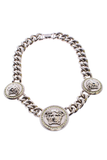 Versace Silver Triple Medusa Coin Chain Peridot Crystal Necklace Fall 2104 Campaign