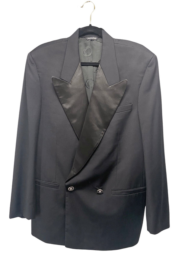 Versace Black Extra Wide Satin Lapel Lion Logo Button Double Breasted Blazer Jacket