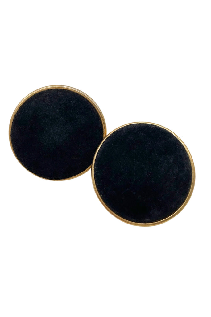 Vintage Gold Black Velvet Gold Round Button Clip On Earrings