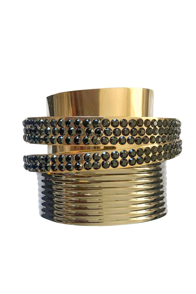 Vionnet Gold Sculptural Textured 3D Cuff Bracelet with Black Diamonds