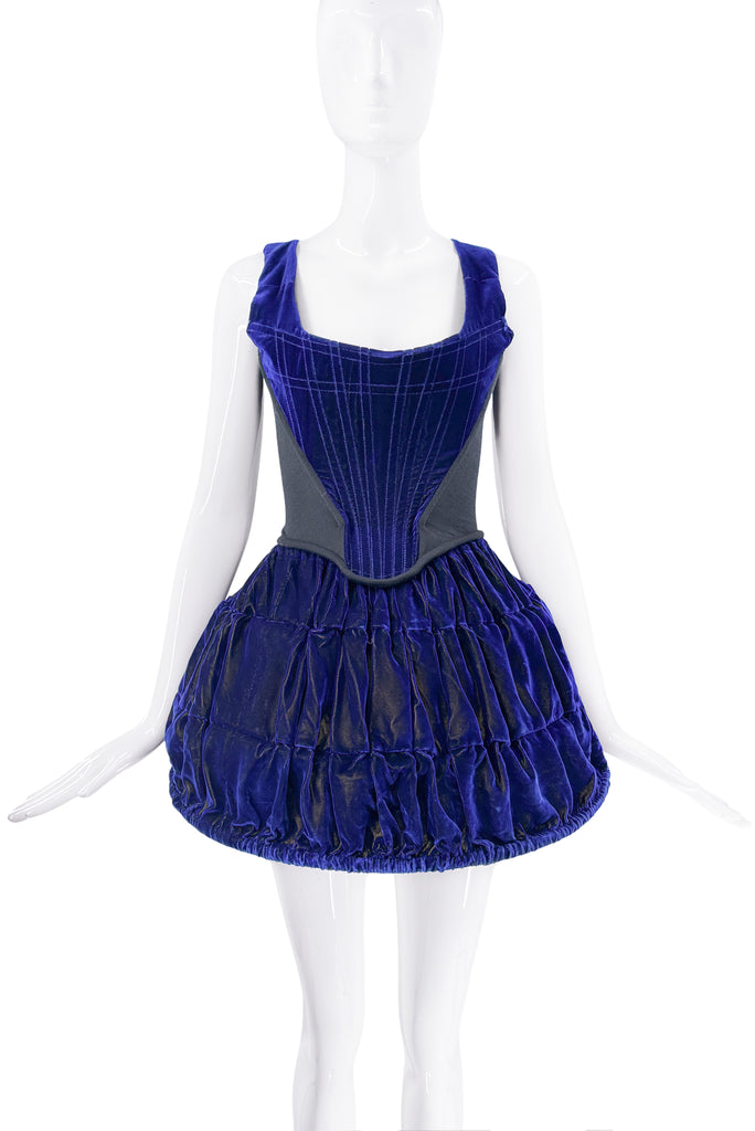 Vivienne Westwood Dark Blue Velvet Corset and Hoop Skirt Set from Autumn/Winter 1987 “Harris Tweed” collection