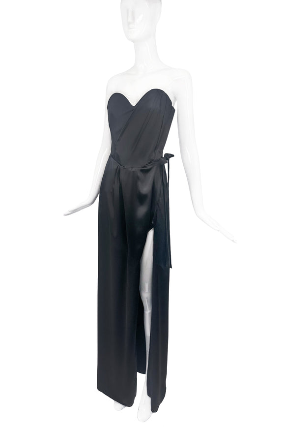 Vivienne Westwood Black Satin Corset Sweetheart Bustier High Slit Gown with matching Cape