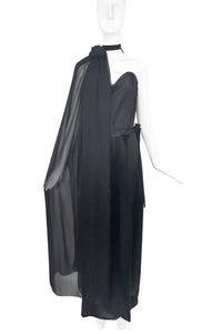 Vivienne Westwood Black Satin Corset Sweetheart Bustier High Slit Gown with matching Cape