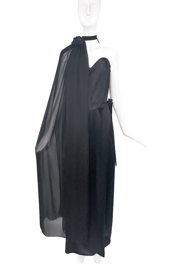 Vivienne Westwood Black Satin Corset Sweetheart Bustier High Slit Gown with matching Cape