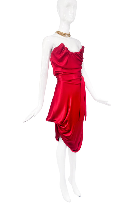 Vivienne Westwood Red Silk Satin Bustier Draped Cocktail Dress