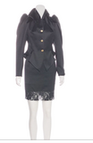 Vivienne Westwood Black Tailored Waist Velvet Lapel Lace Detail Jacket & Skirt Suit from the Iconic 1994 Cafe Society Runway Collection