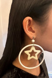 Vintage White Acrylic "Peggy Moffit" Hoop Earrings with Graphic Stars