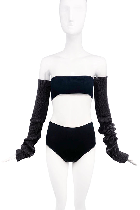 Yohji Yamamoto Black Ribbed Wool Overlong Arm Sleeve Gloves